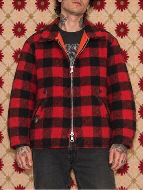 Vintage Thermo King Reversible Buffalo Plaid Orange Fleece Jacket L